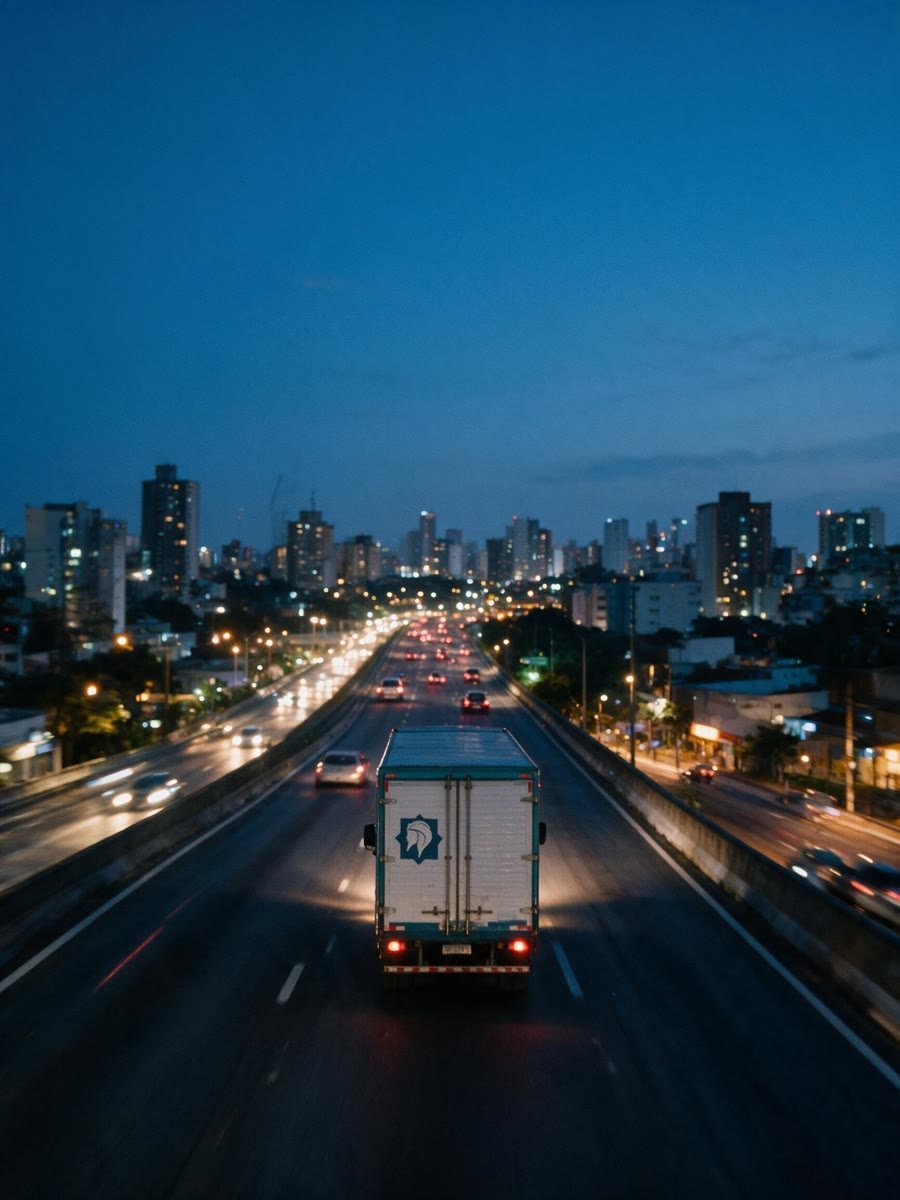 Caminhão da frota própria da Millenium em rodovia ao anoitecer