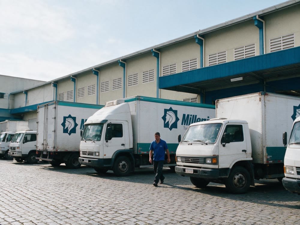 Caminhão baú da frota própria da Millenium Transportes estacionado em pátio