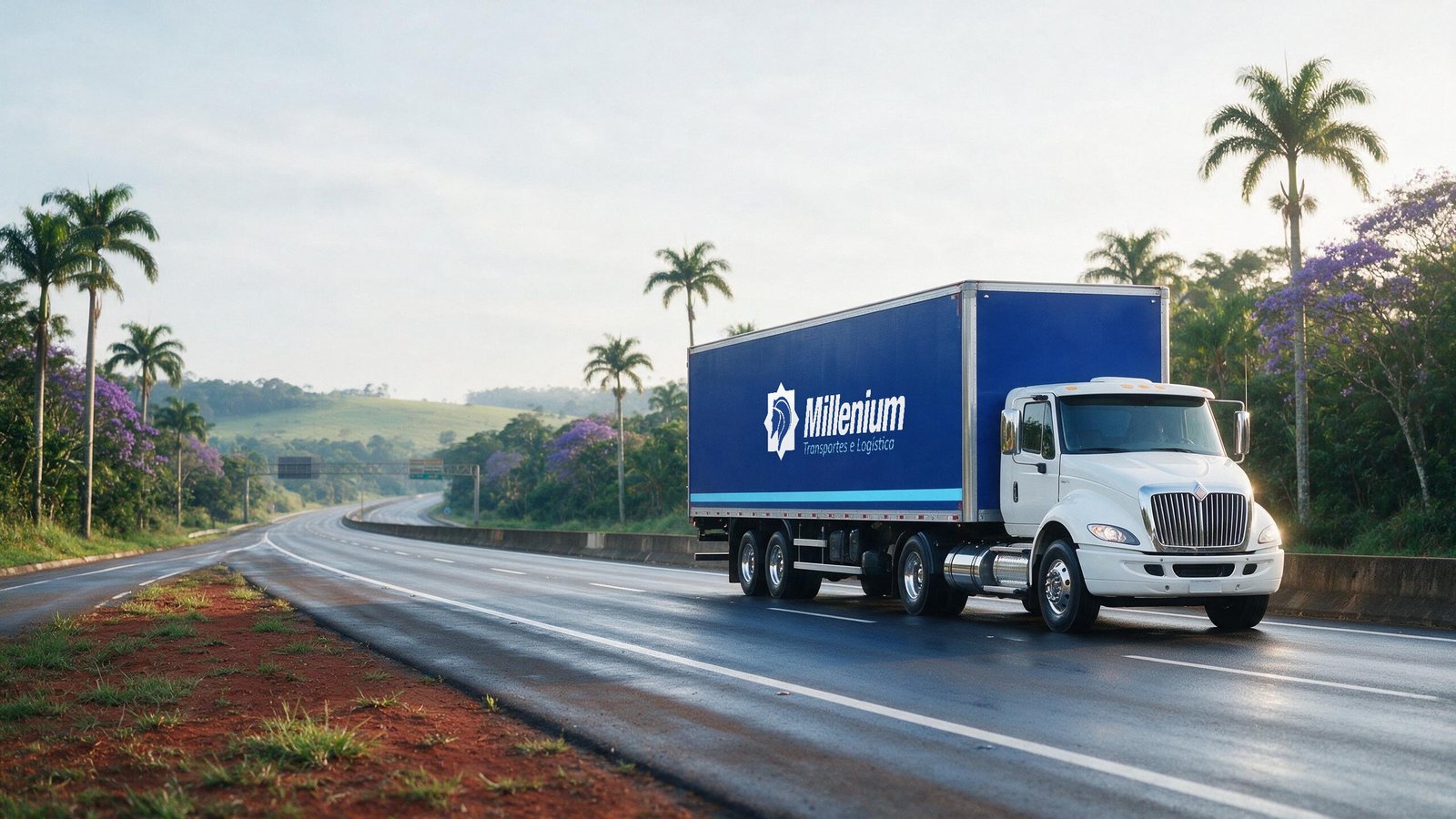 Caminhão baú da Millenium Transportes em avenida arborizada, com a marca aplicada na lateral