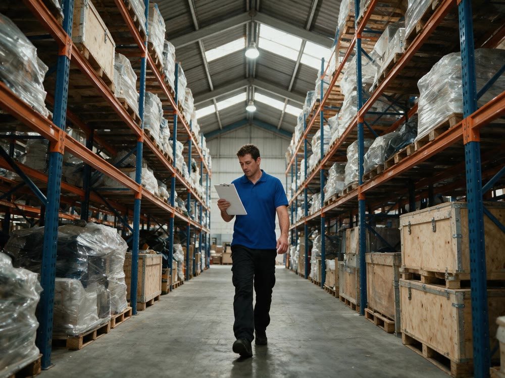 Profissional do setor industrial em depósito com carga organizada em posições porta-pallets