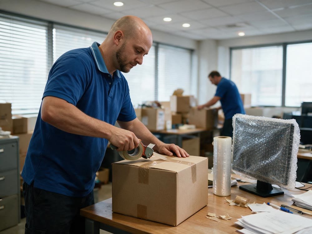Profissional em escritório corporativo recém-instalado após mudança conduzida pela Millenium
