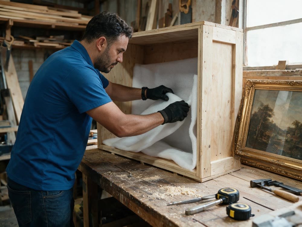 Especialista da Millenium preparando engradado sob medida para obra de arte emoldurada